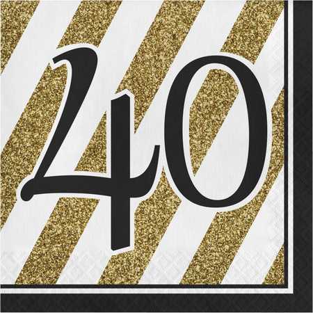 CREATIVE CONVERTING Black and Gold 40th Birthday Napkins, 6.5", 192PK 317540